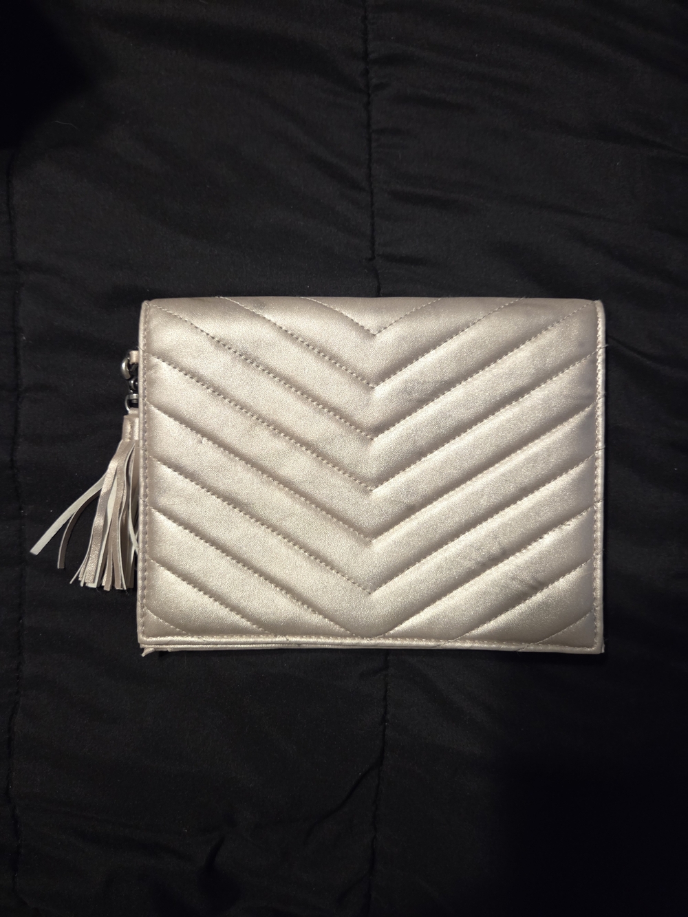 Neiman Marcus Metallic Chevron Tassel Clutch - Silver